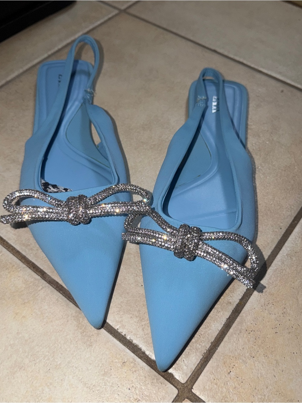 Zara Light Blue Pointed Slingback Flats with Crystal Bow